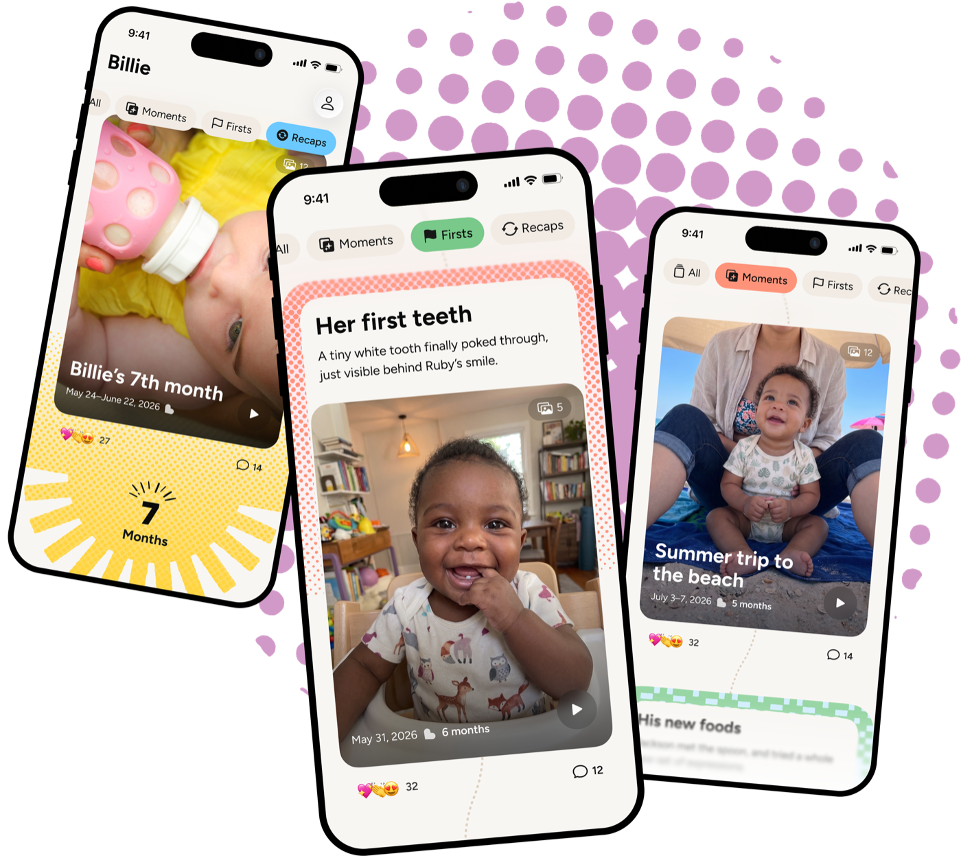 The Clementine app shown on three phones: a beach Moment, a first-teeth milestone, and a monthly Recap.